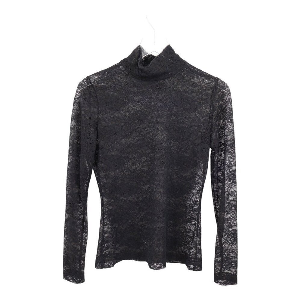 St. John Women’s Lace Mock Neck Top Black Long Sleeve Sheer Blouse Size P Petite